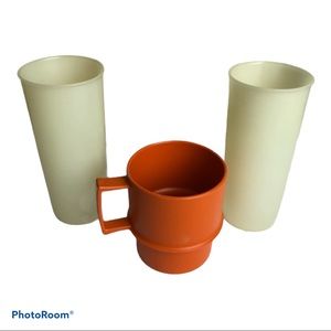 Lot of 3 retro Tupperware cups/ mug clear orange